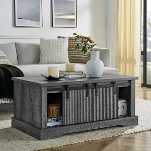 TIRAMISUBEST Rustic Sliding Barn Door Coffee Table with Adjustable Shelf, 41.3/ 57.90 Wide Storage Center Table, Sturdy Engineered Wood, White/ Gray - 1 of 4