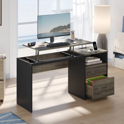 Retro Grey Oak Adjustable Height Standing Desk with Drawer and Power Outlet