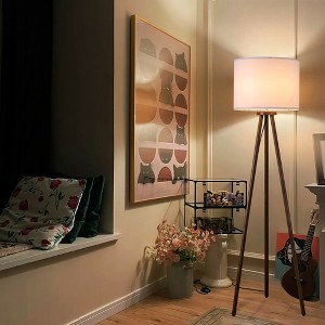 60.5" Nordic Style Tripod Floor Lamp with Natural Wood Base and Linen Shade, Adjustable Standing Lamp for Bedroom,Living Room,Study,Reading,Office - 1 of 4