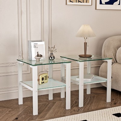 MAYEERTY End Table Set of 2, Two Layer Glass Tea Table, Small Round Table, Bedroom Corner Table, Living Room Side Table, White