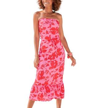 LASCANA Women's Strapless Floral Dress, Pink & Red, Size 12