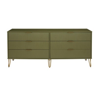 Olive Green Vertical Ribbed 6-Drawer Double Dresser with Soft Close