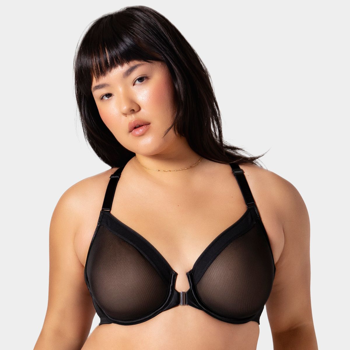 Curvy Couture Sheer Mesh Plunge Front Close Racerback