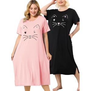 Agnes Orinda Women's Plus Size Cute Cat Print Short Sleeve with Pockets Nightgowns - 1 of 4