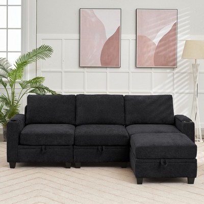 Hyleory 91" Modern Chenille Fabric Storage Sectional Sofa with Ottoman for Living Room