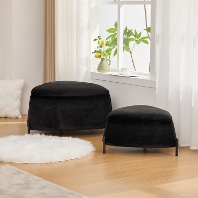 2-Piece Faux Fur Storage Ottoman Set with Tray Lid and Metal Legs,Coffee Table Footrest for Bedroom or Living Room-Cuddlewood