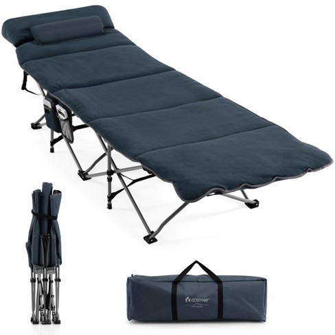 Catre Plegable Camping Cama Portátil Ligero con Cojín Reposacabezas  Bolsillo Bolsa de Transporte Carga 200 kg 188 x 68,5 x 48,5 cm - Costway