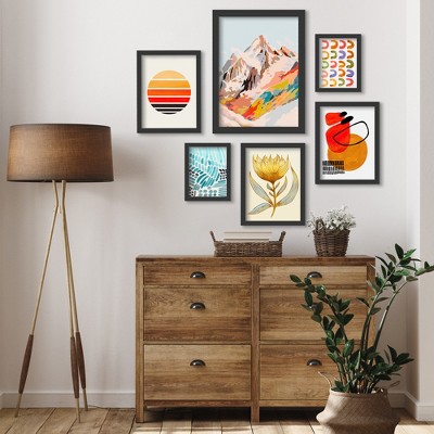 Americanflat 6 Piece Framed Gallery Wall Art Set Winter Blue Glass Mountain Orange Sun Sunflower- Black Frame