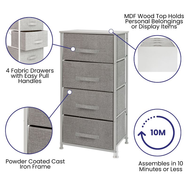 Emma and Oliver 4 Drawer Vertical Storage Dresser with Wood Top & Fabric Pull Drawers, 3 of 10