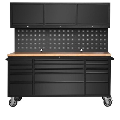 TROPOW 72-inch Rolling Tool Chest Cabinet Garage Workbench with 15 Storage Drawers and Wheels, 3 Upper Cabinet, Pegboard, Steel Large Tool Box