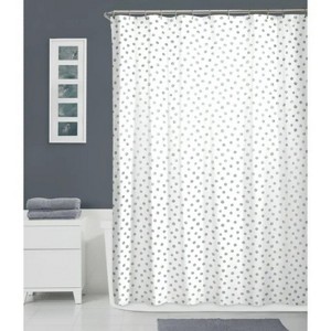LunaLulinlk Dots Fabric Shower Curtain, Silver and White - 1 of 4