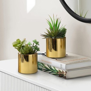 SEVOBAL Planters Set of 2 Artificial Succulent Plants 7" Tall in Glossy Black Pots for Modern Table Decor, Green, 5.5"*4.5"*7" - 1 of 4
