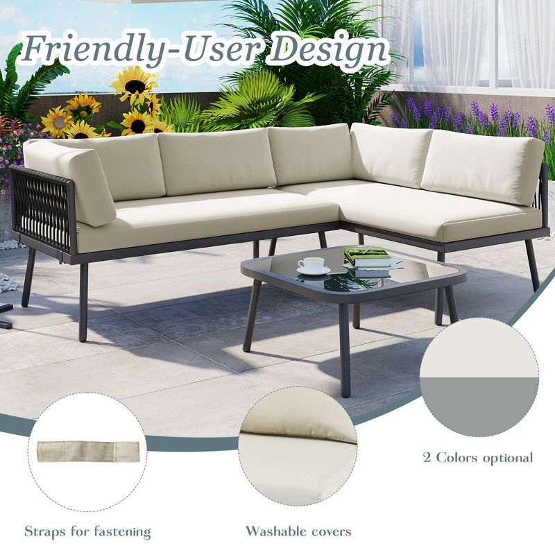 3pc Metal Patio Sectional Sofa Set,  Outdoor Rattan Conversational Set with Cushions and Glass Table 4A -ModernLuxe, 5 of 16
