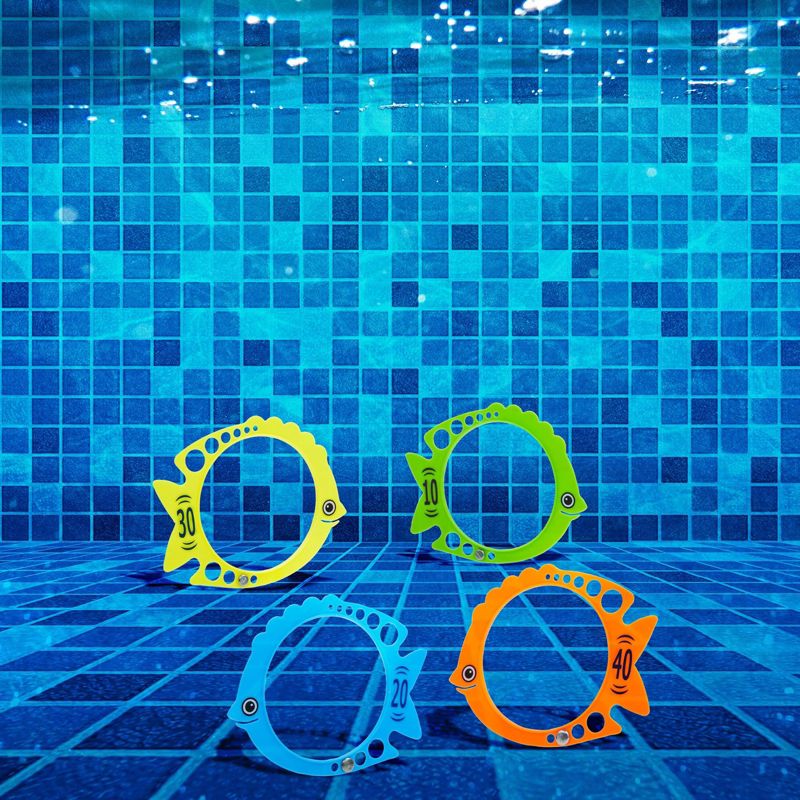 Blue Panda 12 Pack Fish Pool Rings for Kids Diving, Underwater Swim Dive Rings, Summer Sinking Swimming Toys, (7x6 in, 4 Colors), 3 of 9