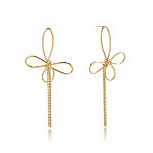 Anna-Kaci Women's Delicate Wire Bow Drop Earrings with Sculpted Loop Design and Sleek Chain Tassel Accent for Modern Elegance - Gold - 1 of 4