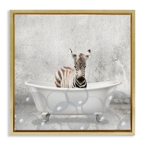 Stupell Industries Baby Zebra Bath Time Floating Frame Canvas Art, Gold, 18" x 18" - 1 of 4