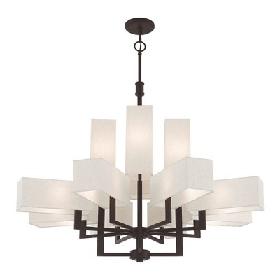 Rubix 12-Light Bronze Chandelier with Oatmeal Fabric Shades
