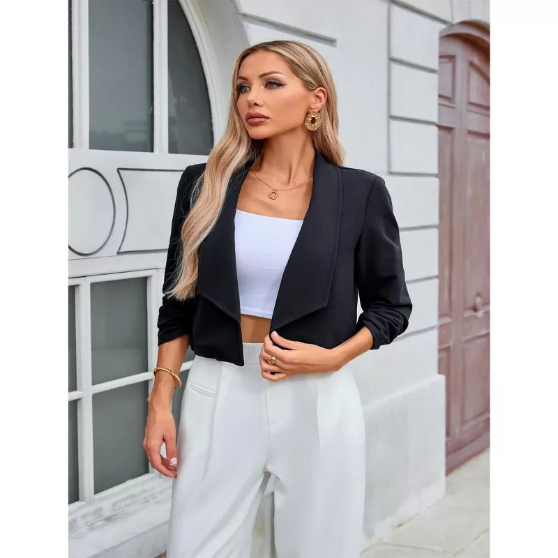 Women's Notched Lapel Ruched Sleeve Jackets Business Cropped Blazer Black S