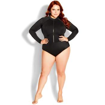 Swim 365 Women's Plus Size Split-neck Long Sleeve Swim Tee With Built-in Bra  - 30, Black : Target