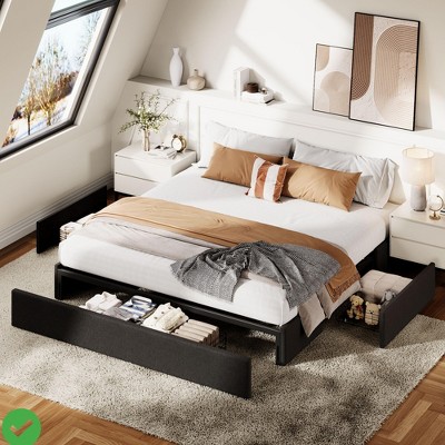 Queen/ Full/King Bed Frame with 3 Storage Drawers Fabric Upholstered Platform Bed Wooden Slats Support No Box Spring Needed