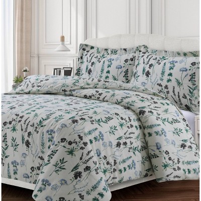 3pc Queen Fleur Cotton Flannel Printed Oversized Duvet Set Multi - Tribeca Living