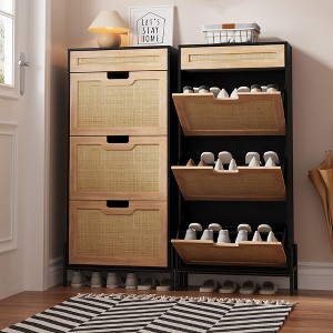 Rattan Shoe Cabinet with 3 Flip Doors and 1 Drawer, Narrow Shoe Rack with Adjustable Shelf, Freestanding Shoe Storage Organizer - 1 of 4