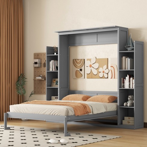 Queen Size Murphy Bed/wall Bed With Shelves And Led Lights, Gray 4a ...