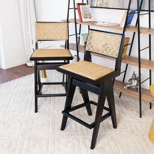 Mid-Century Rattan Bar Stool (Set of 2) with Full Back, Skin-Friendly Breathable Rattan and Perfect for Kitchen Island or Home Bar - 1 of 4