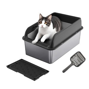 COZONY Stainless Steel Cat Litter Box with Lid — Large High-Wall Metal Enclosure with Scoop & Mat, Non-Sticky Surface for Easy Cleaning - 1 of 4