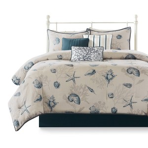 Gulches Coastal Blue Cal King Ocean Theme Cotton Sateen Mattress Size 104x92 7 Piece Comforter Blanket - 1 of 4
