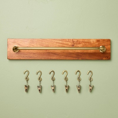 Brass and Wood Wall Rail with Clips