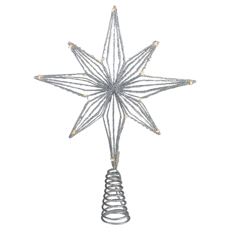 Northlight 13.75" LED Lighted B/O Silver Glittered Geometric Star Christmas Tree Topper - Warm White Lights, 1 of 5