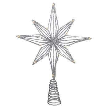 Northlight 13.75" LED Lighted B/O Silver Glittered Geometric Star Christmas Tree Topper - Warm White Lights
