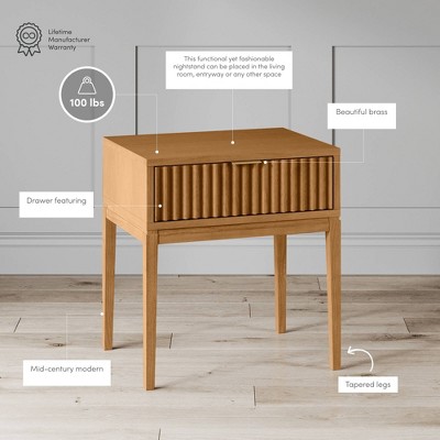 Natural Brown Wood Fluted Drawer Side Table with Brass Handle