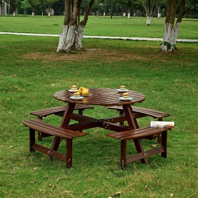 8 Person Outdoor Round Wood Picnic Table Set with 4 Built In Benches and Umbrella Hole for Backyard Garden Patio or Porch-The Pop Home
