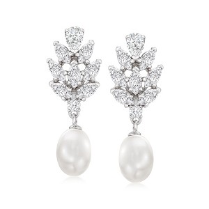 Ross-Simons 8-8.5mm Cultured Pearl and 3.30 ct. t.w. CZ Drop Earrings in Sterling Silver - 1 of 4
