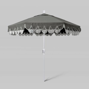 9' Sunbrella Scallop Base Fringe Market Patio Umbrella with Crank Lift - White Pole - California Umbrella - 1 of 3