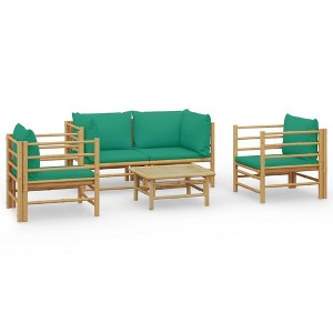 vidaXL Eco-Friendly Bamboo Lounge Set - 5 Piece Patio Furniture with Green Cushions - Includes Table, Chairs, and Cushions - Ideal for Outdoor Living - 1 of 4