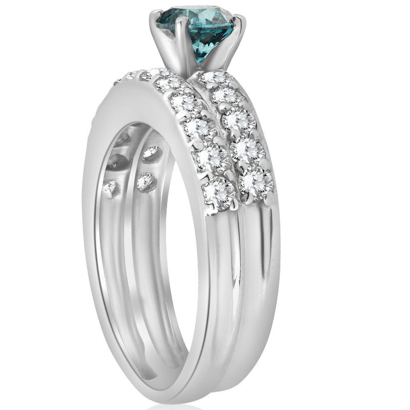 Pompeii3 1 3/8Ct Blue Round Cut Diamond Matching Bridal Engagement Ring Set White Gold, 2 of 6