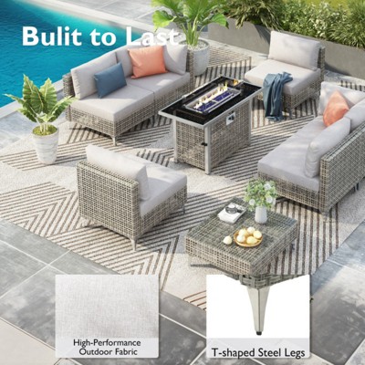 GlasFlength Patio Seating Sets 8PCS, Cushions, Outdoor Furniture, Deep Seat, Sectional Chat Set with Cushions, Grey, 28.7"*20.1"*25.5"