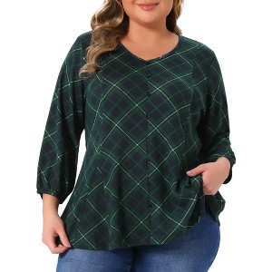 Agnes Orinda Women's Plus Size Plaid Button Decor V Neck 3/4 Sleeve Shirt Casual Tunic Blouse - 1 of 4
