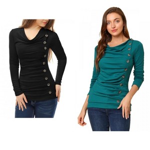 Allegra K Women's Cowl Neck Long Sleeves Buttons Decor Ruched Top 2 Pcs - 1 of 4