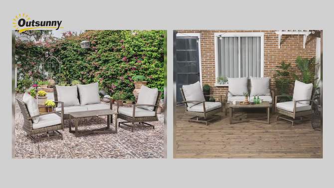 Outsunny Patio Furniture Set, 4 Piece Outdoor Rattan Conversation Set with 2 Rocking Chairs, Cushions, Loveseat Sofa & Coffee Table, 2 of 9, play video