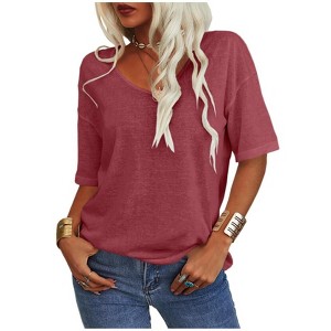 Imily Bela Women's Casual V Neck Half Sleeve Oversized T Shirt Solid Color Basic Top - 1 of 4