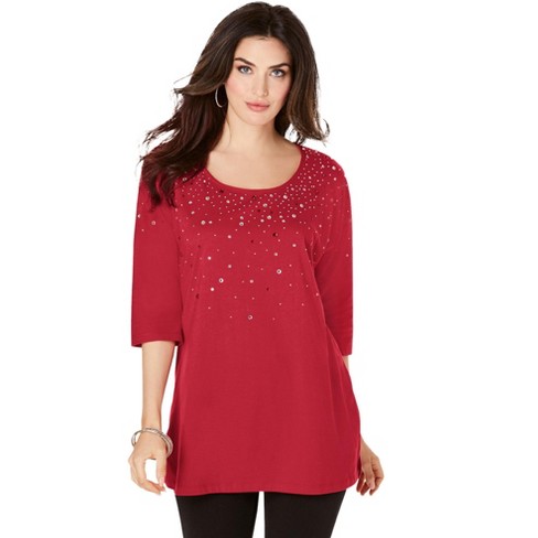 Roaman's Women's Plus Size Three-Quarter Sleeve Embellished Tunic, 38/40 -  Classic Red Beading