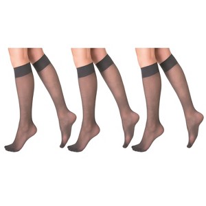 3 Pairs Sheer Knee High Socks for Women 15 Denier with Stay-Up Band One Size - 1 of 3