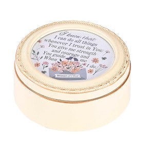 Dicksons BOXIVJB-101 Woman Of Faith I Can Do All Things Redeemed By Grace Ivory 4.75 x 4.75 Plastic Delicate Dotted Lid Distressed Finish Round - 1 of 2