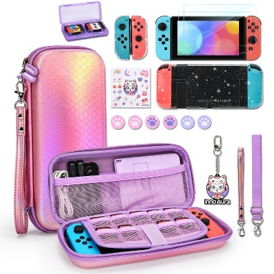 DOMETOUR Switch Case for NS Switch, 17-in-1 Bundle: Carrying Case, Game Case, Protective Case, Screen Protector & Thumb Caps (Mermaid Pink).