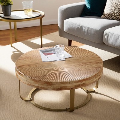 Lovmor 33.86"Modern Retro Splicing Round Coffee Table,Fir Wood Table Top with Gold Cross Legs Base