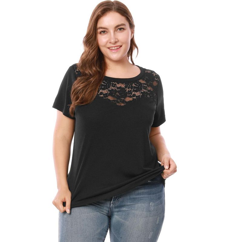 Agnes Orinda Women's Plus Size Lace Insert Short Sleeves Solid Round Neck Blouses, 3 of 8